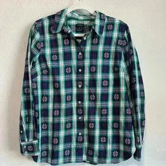 Talbots Navy Blue Green Red Plaid Snowflake Long Sleeve Button Up Dress Shirt XL - Picture 4 of 8